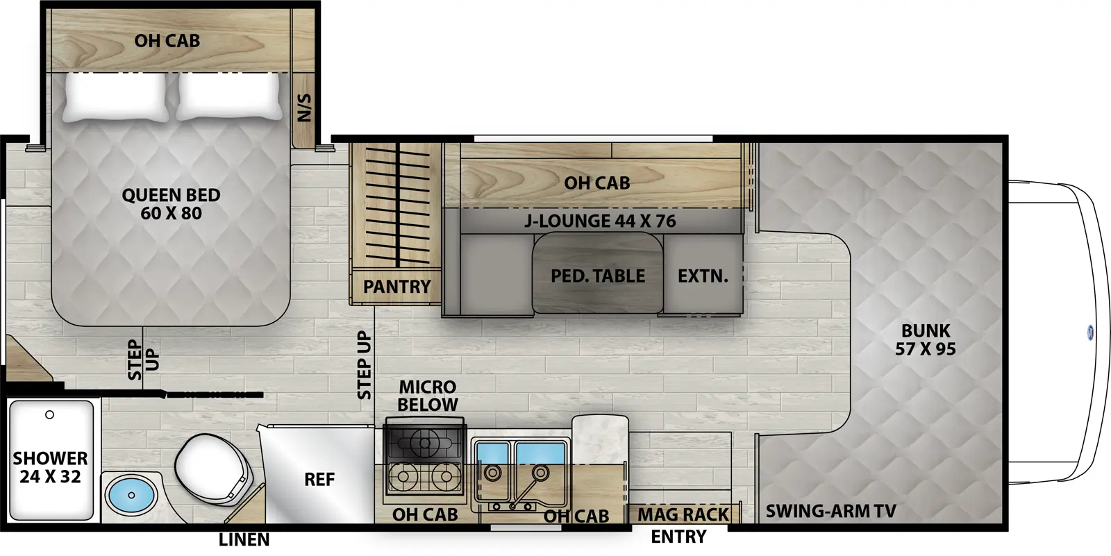 The Leprechaun 210RSS Chevy 4500 floorplan has one entry and one slide out. Exterior features include: 15' awning. Interiors features include: bunk over cab.